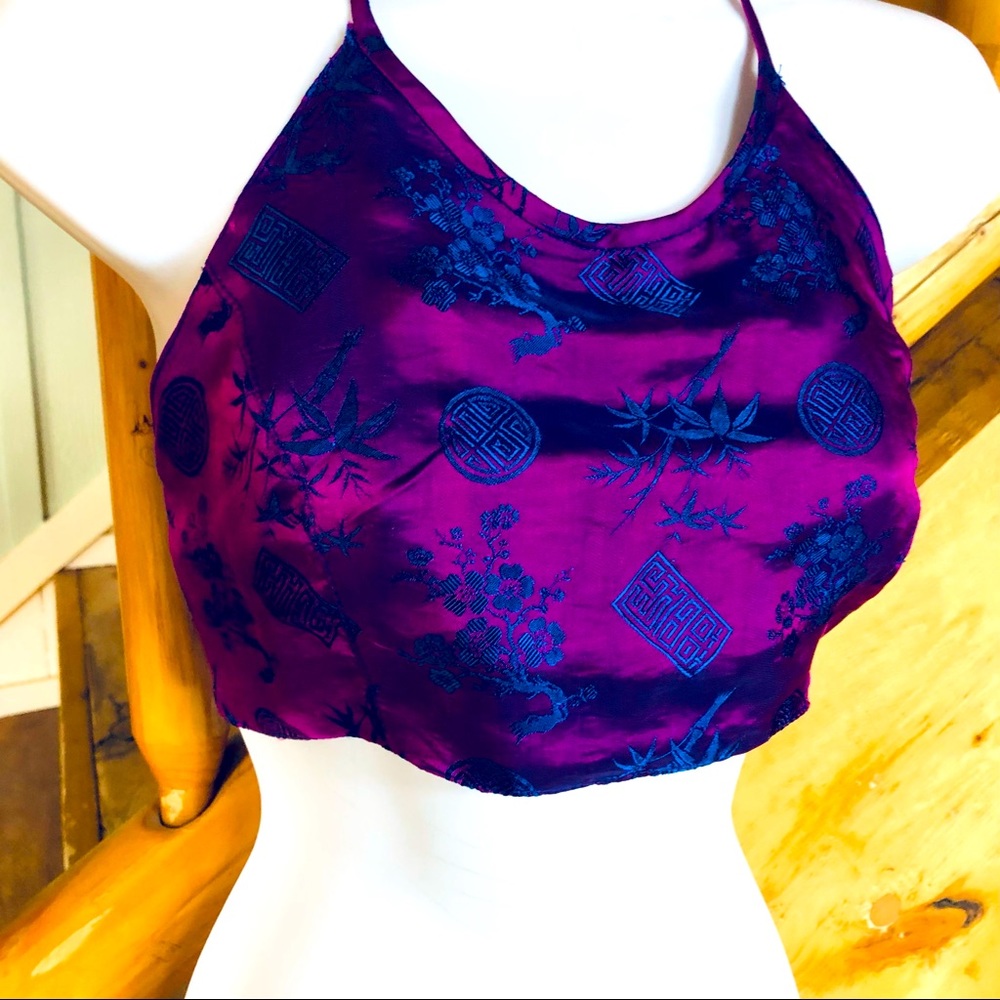 100% Silk Iridescent Halter Top Purple Blue Asian Print Belly Dance Boho